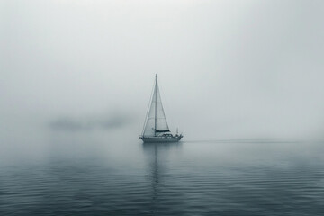 Fototapeta premium Lone sailboat navigating through fog, representing the clarity and direction provided by true leaders 