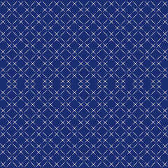 Sashiko Japanese style stitch handmade artwork white thread line design.Abstract seamless geometric pattern.Digital art illustration graphic resources.Indigo blue background 