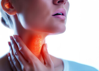 Throat pain. Young woman touching painful neck  touching painful neck, sore throat for flu, cold and infection.