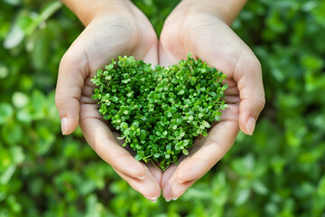 Love for the environment hands gently cradling a heart-shaped plant  