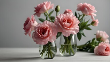 Vase with beautiful pink eustoma flowers on white table Generative AI