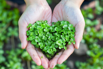 Love for the environment hands gently cradling a heart-shaped plant  