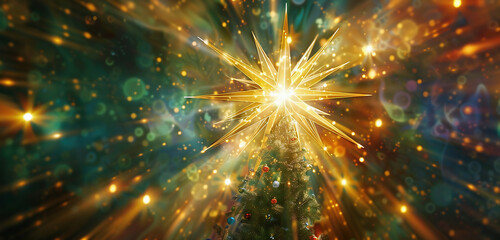 Fototapeta premium Star of Bethlehem on top of a Christmas tree on a black background. Christmas holidays