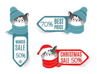 Set winter label , tegs sale with cats head. Vector illustration EPS10.