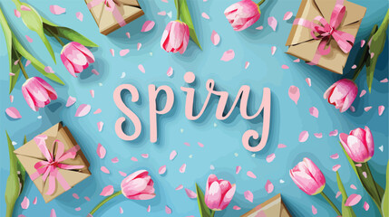 Text SPRING with gift boxes and pink tulips on blue background