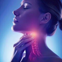 Throat pain. Young woman touching painful neck  touching painful neck, sore throat for flu, cold and infection.