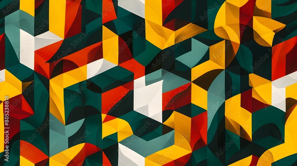 Poster multicolored geometric abstract art with overlapping cubes and shapes in vibrant digital design