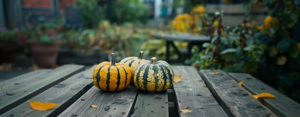 Seasonal display of striped pumpkins on a wooden table amidst a garden setting.
