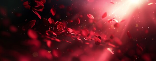 Vivid red roses whirl in a dramatic scene with intense bokeh lighting and a dynamic atmosphere.