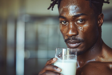 black african man drinks a glass of fresh and healthy milk