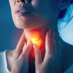 Throat pain. Young woman touching painful neck  touching painful neck, sore throat for flu, cold and infection.