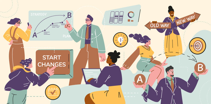 Business people project managers analysis and makes decisions vector flat illustration, change management, improvement