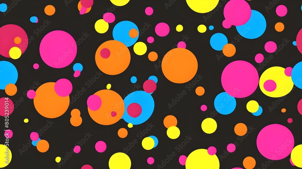 Poster multicolored vibrant polka dot and circle patterns on dark abstract background in contemporary and l