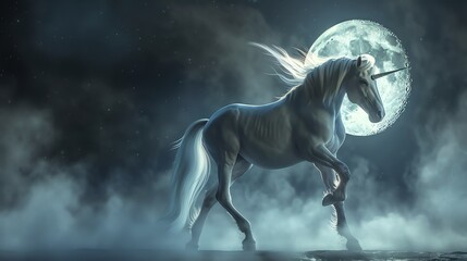A majestic unicorn stands in a moonlit field, its horn glowing in the night. The unicorn is a symbol of purity and innocence, and is often associated with magic and miracles.