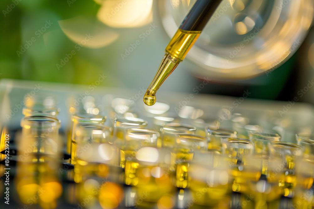 Poster macro of a biofuel sample being tested in a laboratory, exploring alternative fuels for a cleaner fu