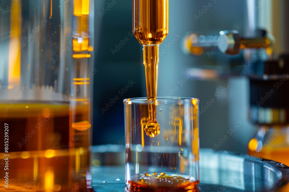 Poster macro of a biofuel sample being tested in a laboratory, exploring alternative fuels for a cleaner fu