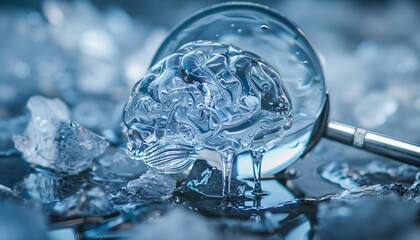 A brainshaped block of ice melting slowly under the warmth of a magnifying glass
