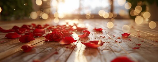 Scattered red rose petals on a wooden floor with soft bokeh lights in the background.