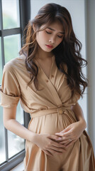 Woman in Tan Dress Standing Next to Window