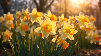 A cluster of yellow daffodils blooming in a spring garden, heralding the arrival of warmer weather and new beginnings.