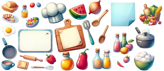 Set of kitchen utensils and food  isolated on transparent background. AI 