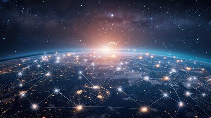 Obraz premium Abstract global network concept with planet Earth and connecting lines in space against a blue night sky background.