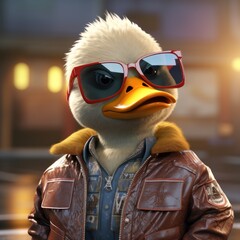 Stylish anthropomorphic duck wearing a leather jacket and sunglasses on a city background.