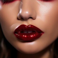 Fototapeta premium Juicy dark red lips are made up with special brush