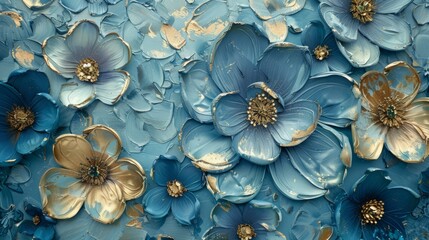 A richly detailed artistic floral texture featuring blue and gold flowers on a textured background, blending natural elegance with modern design.