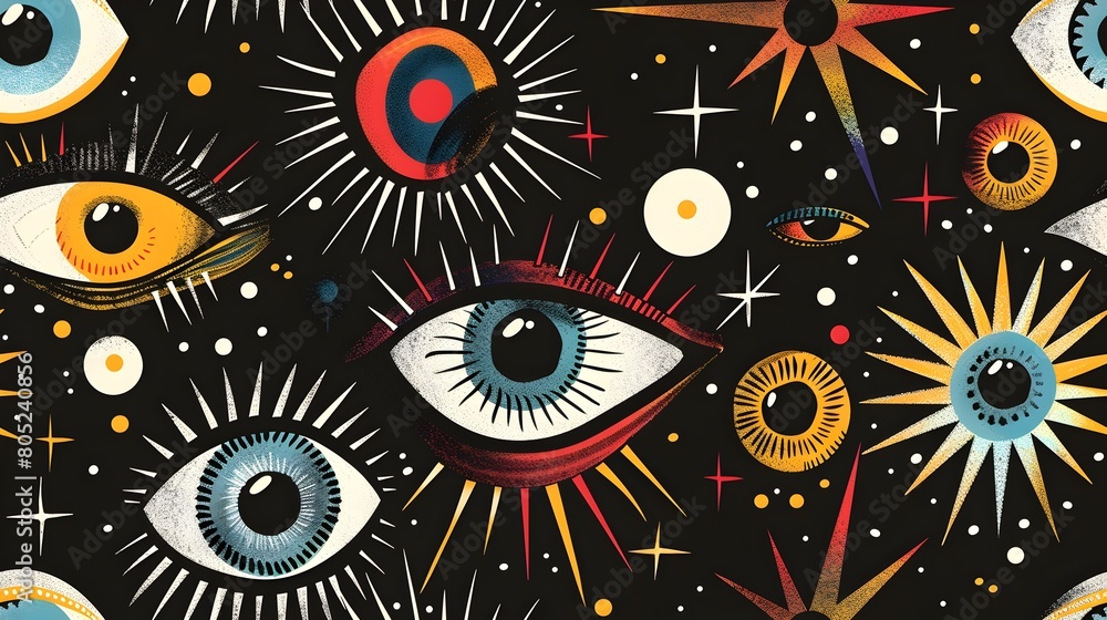 Poster multicolored abstract celestial pattern with various eye like shapes stars and bursts of light on a 