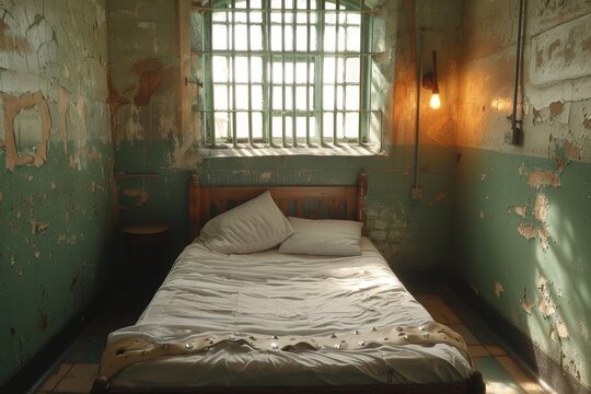 An eerie, abandoned prison cell with a single bed under a barred window, casting shadows on peeling green walls