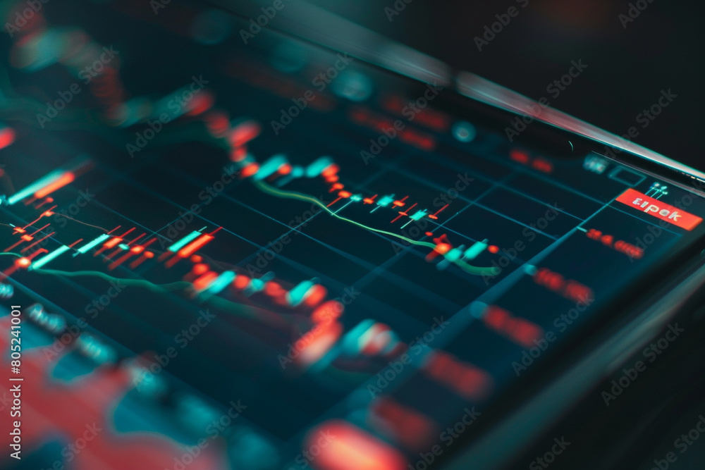 Poster macro shot of a currency exchange chart on a digital device, showing fluctuations after a central ba