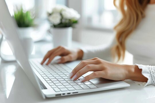 Detailed view of a woman's hands with manicured nails typing on a modern laptop, symbolizing remote work