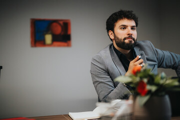 Focused young businessman contemplating next steps in project at office meeting. Art and modern...