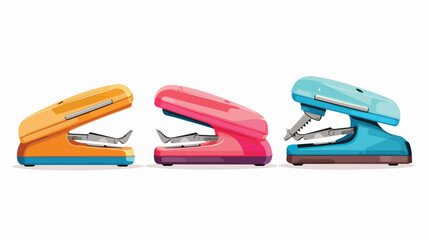 Three colorful staplers isolated on white background