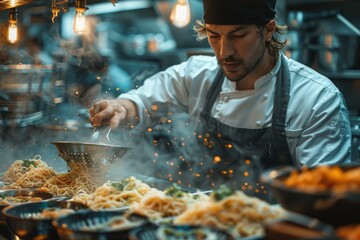 Concentrated cook with tongs is sautéing pasta among rising steam in the lively atmosphere of a restaurant kitchen