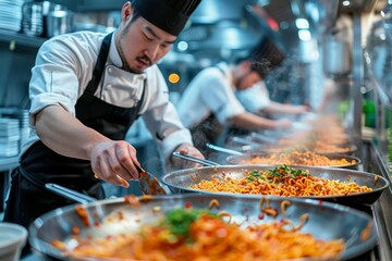 Fototapeta premium A team of professional chefs meticulously prepares multiple pasta dishes in a modern commercial kitchen environment