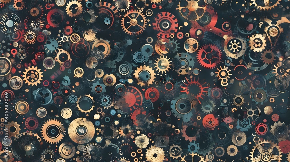 Poster intricate clockwork gears and cogs forming an abstract mechanical pattern in muted vintage hues