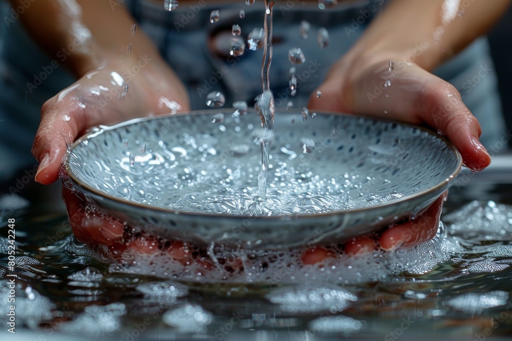 Poster the dynamic movement of water captured as hands interact with it, causing ripples and waves in the b