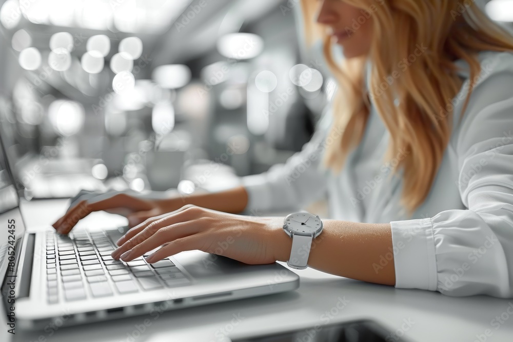Poster a creatively blurred background with focused hands typing, portraying multitasking and productivity 