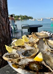 Fresh Oysters and Lemon on Ice at Oyster Bar at Arcachon Bay, Cap Ferret France