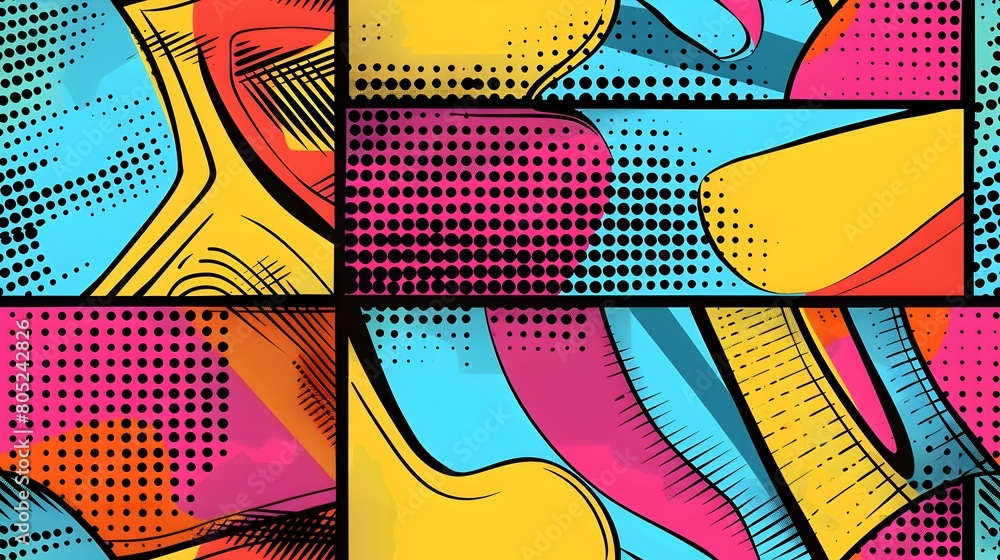Aufkleber vibrant pop art inspired digital abstract background with geometric shapes and retro cartoon pattern