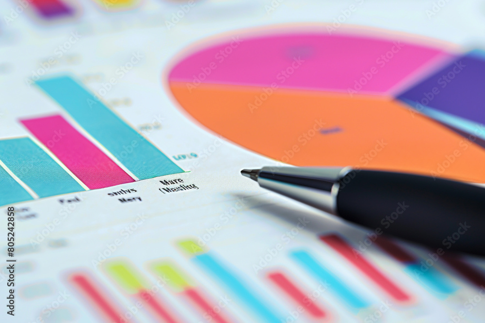 Poster macro shot of colorful pie charts and bar graphs on an economic report, pen pointing at key figures