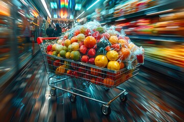 Dynamic perspective of a shopping cart overflowing with colorful fruit in a bustling supermarket...