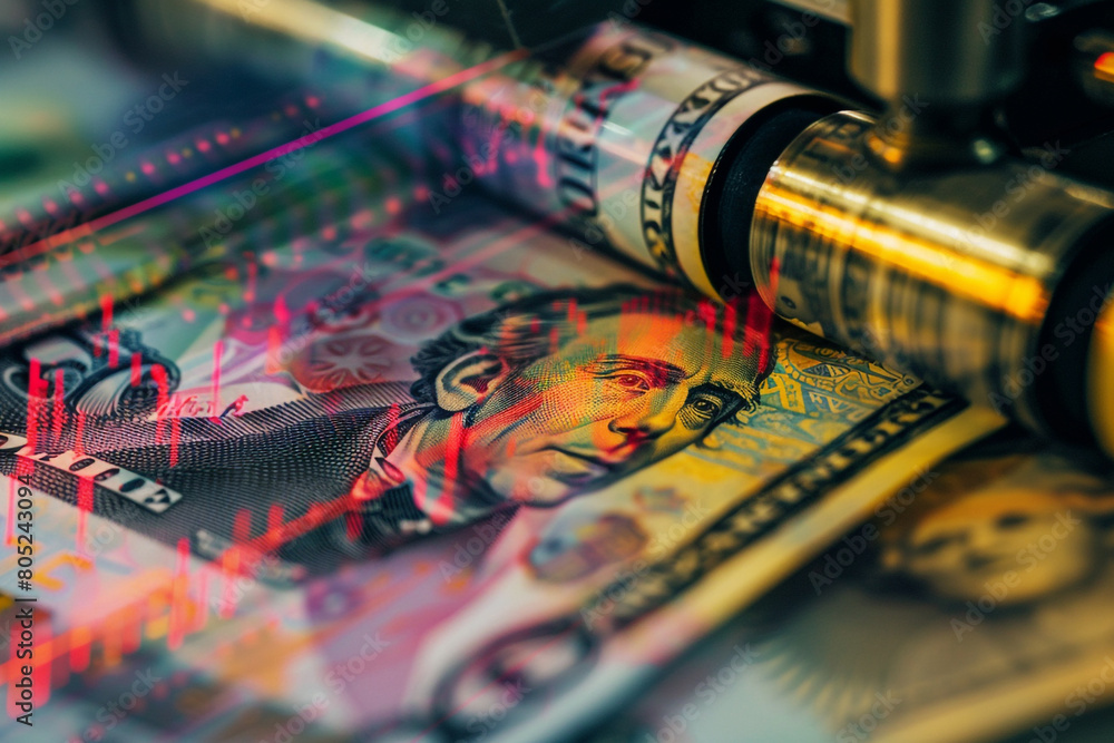 Poster macro shot of currency notes being printed, with a graph showing inflation rates overlay