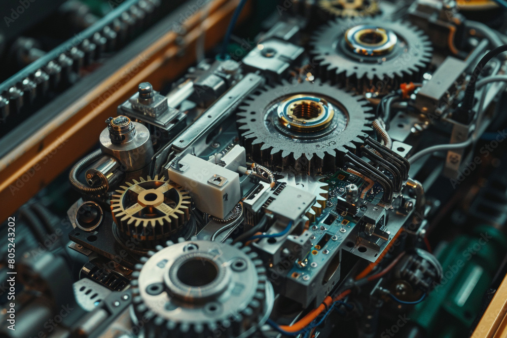 Aufkleber macro shot of interconnected gears and circuits inside an autonomous robot's chassis