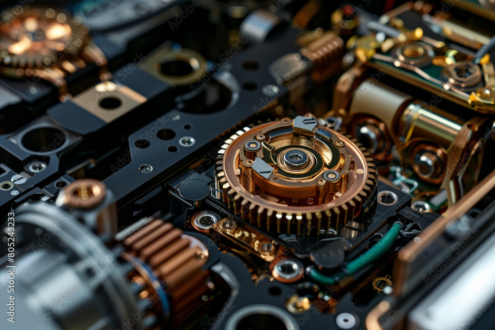 Aufkleber macro shot of interconnected gears and circuits inside an autonomous robot's chassis