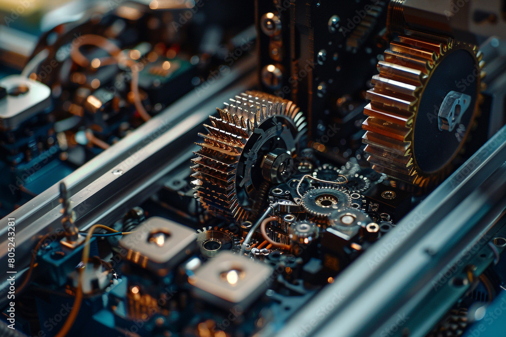 Aufkleber macro shot of interconnected gears and circuits inside an autonomous robot's chassis