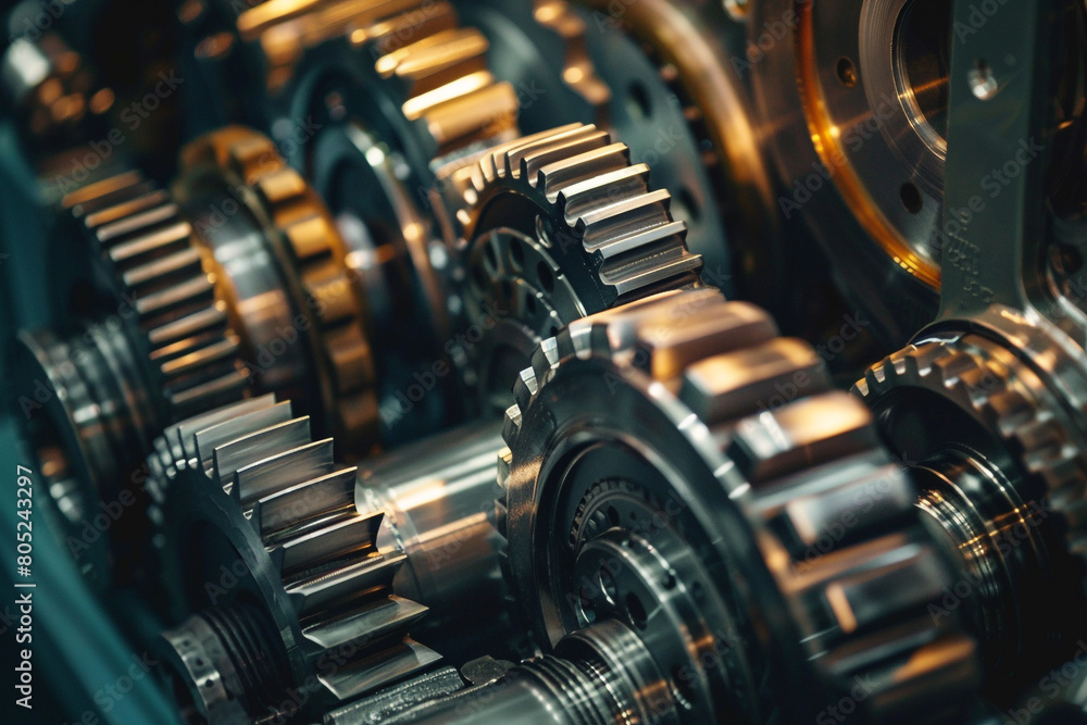Aufkleber macro shot of interlocking gears and cogs inside a machine, showcasing precision engineering