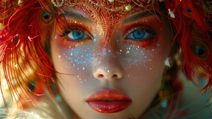 Naklejka premium a woman with painted face at a carnival party in Venice, showcasing vibrant makeup and glamorous style
